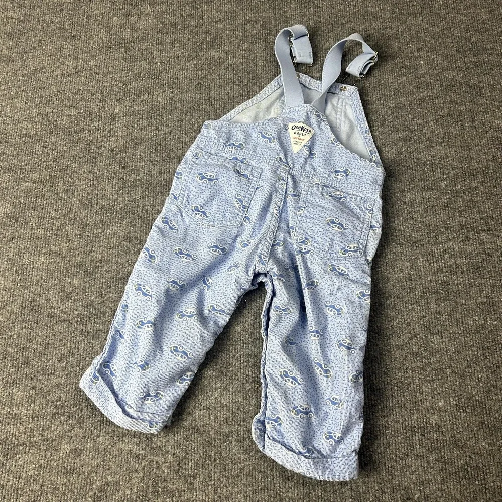 Vintage OshKosh B'gosh Overall Boys 12-18 Months Blue Car Print Seersucker USA